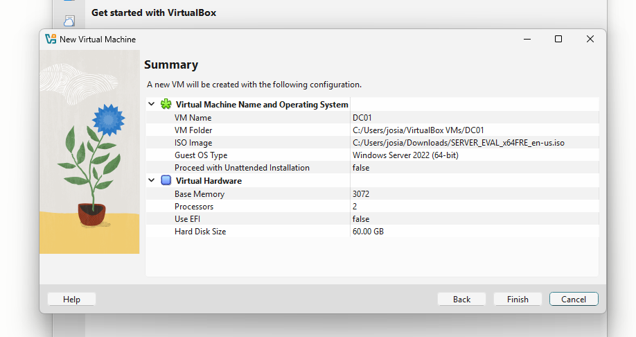 VirtualBox New Virtual Machine summary showing DC01, Windows Server 2022, 3GB RAM, 2 CPUs, 60GB disk